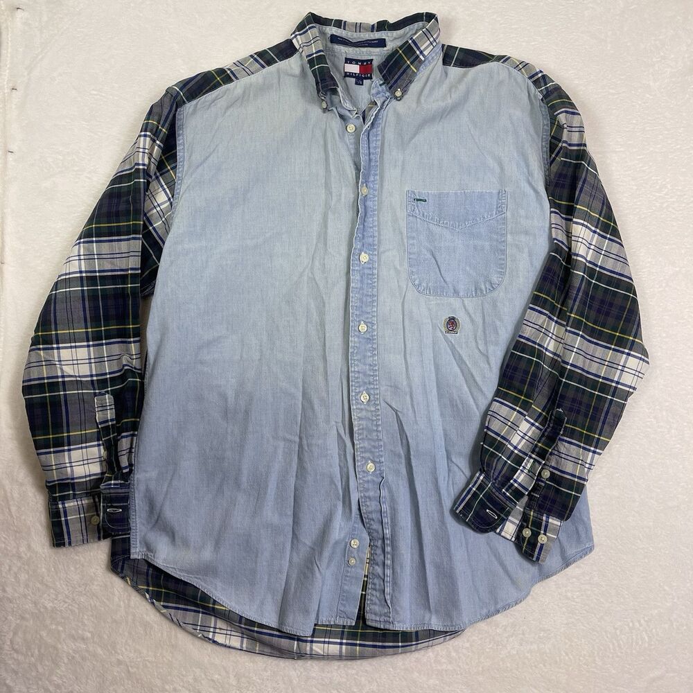Vtg Tommy Hilfiger Mens Color Block Button Down L Plaid Long Sleeve Shirt Y2K 90